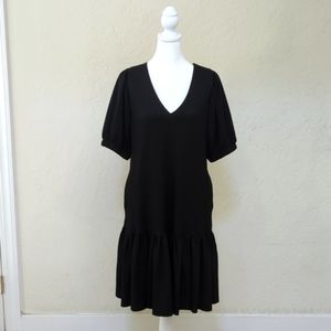 Code x Mode Black Textured Puff Sleeved V Neck Tie Back Peplum Midi Dress Small